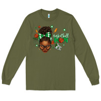 Army Green Afro Messy Bun Full Face Basketball Mom Long Sleeve Tee - texasbilliewilder