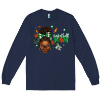 Navy Afro Messy Bun Full Face Basketball Mom Long Sleeve Tee - texasbilliewilder