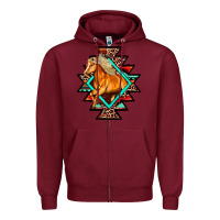 Burgundy Aztec Symbol White Horse Zipper Hoodie - FaDigitalArtStudio