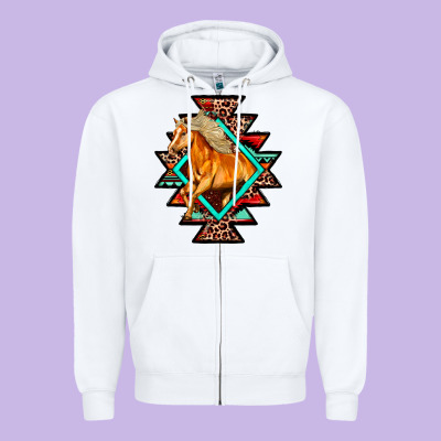 Aztec Symbol White Horse Zipper Hoodie Designed By Fadigitalartstudio