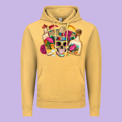 Mexican Skull Sombrero Tequila Bottle Paper Roses Vintage Hoodie Designed By Artiststas