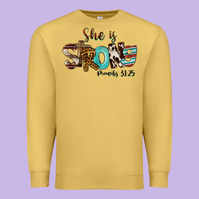 She Is Strong Proverbs 31 25 Premium Sweatshirt Designed By Fadigitalartstudio