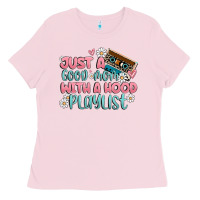 Bubblegum Pink just a good mom with a hood playlist Ladies Tee - MaliasSmallBusiness