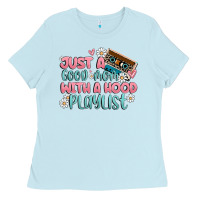 Baby Blue just a good mom with a hood playlist Ladies Tee - MaliasSmallBusiness
