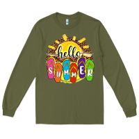 Army Green hello summer with flip flops Long Sleeve Tee - NancyCooperArtShop
