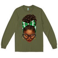 Army Green Afro Messy Bun Green and White Bow Long Sleeve Tee - texasbilliewilder
