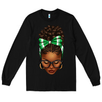 Black Afro Messy Bun Green and White Bow Long Sleeve Tee - texasbilliewilder
