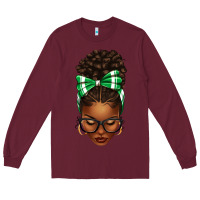 Burgundy Afro Messy Bun Green and White Bow Long Sleeve Tee - texasbilliewilder