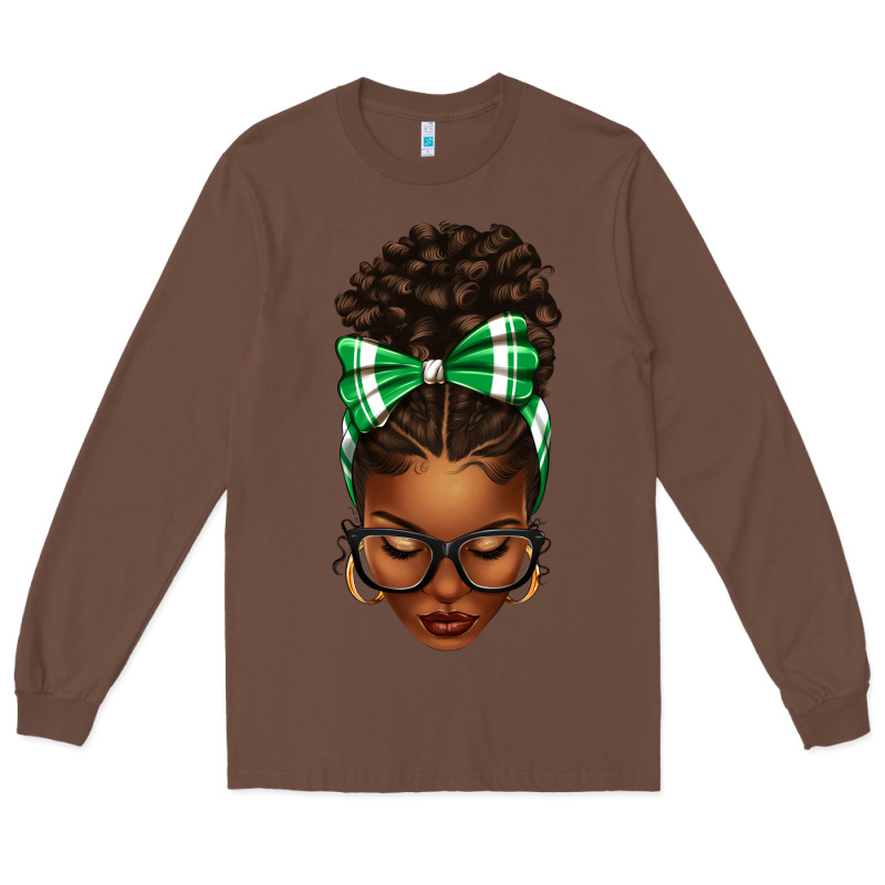 Afro Messy Bun Green And White Bow Long Sleeve Tee by texasbilliewilder | Teevron