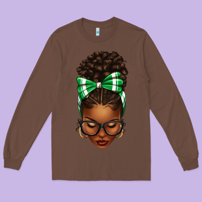 Afro Messy Bun Green And White Bow Long Sleeve Tee Designed By Texasbilliewilder