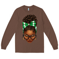 Chestnut Afro Messy Bun Green and White Bow Long Sleeve Tee - texasbilliewilder