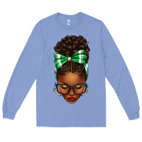 Colony Blue Afro Messy Bun Green and White Bow Long Sleeve Tee - texasbilliewilder