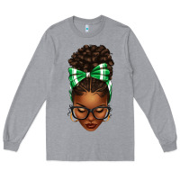 Heather Grey Afro Messy Bun Green and White Bow Long Sleeve Tee - texasbilliewilder