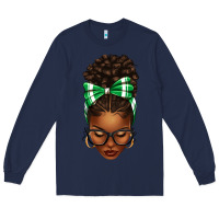 Navy Afro Messy Bun Green and White Bow Long Sleeve Tee - texasbilliewilder