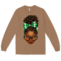 Toasted Coconut Afro Messy Bun Green and White Bow Long Sleeve Tee - texasbilliewilder