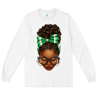 White Afro Messy Bun Green and White Bow Long Sleeve Tee - texasbilliewilder