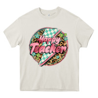 Cream happy teacher lighting bolt Heavy Core Tee - MaliasSmallBusiness