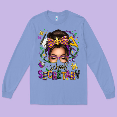 Mardi Gras School Secretary Caucasian Messy Bun Long Sleeve Tee Designed By Texasbilliewilder