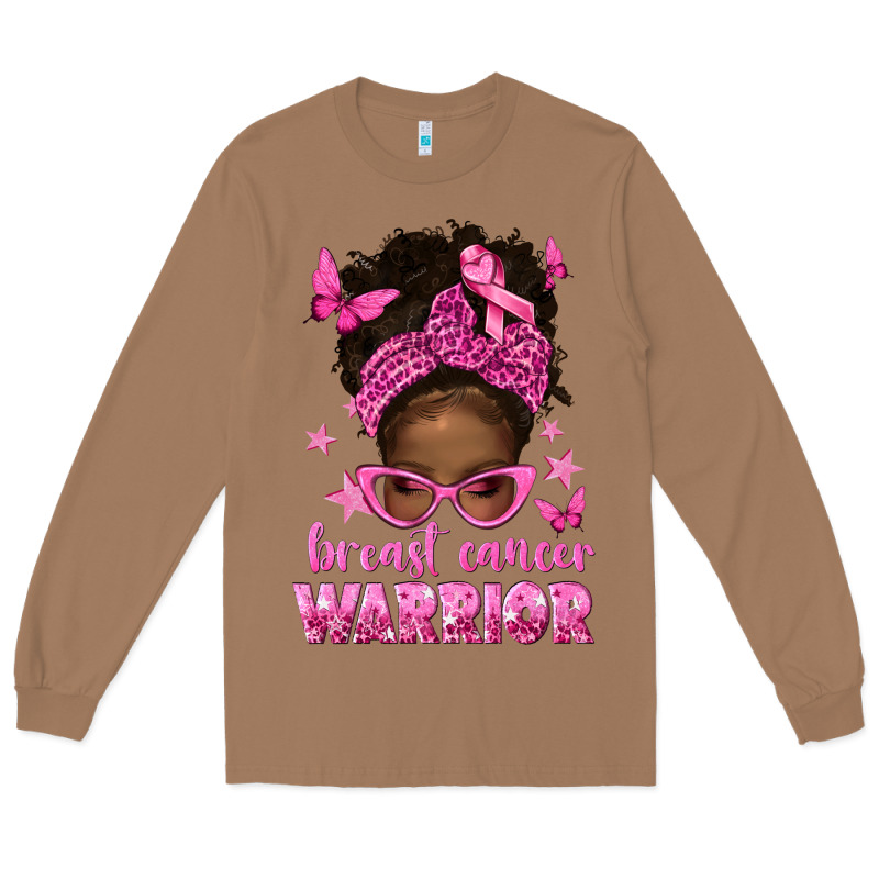 Afro Messy Bun Breast Cancer Warrior Long Sleeve Tee by texasbilliewilder | Teevron