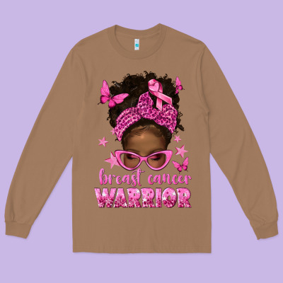 Afro Messy Bun Breast Cancer Warrior Long Sleeve Tee Designed By Texasbilliewilder