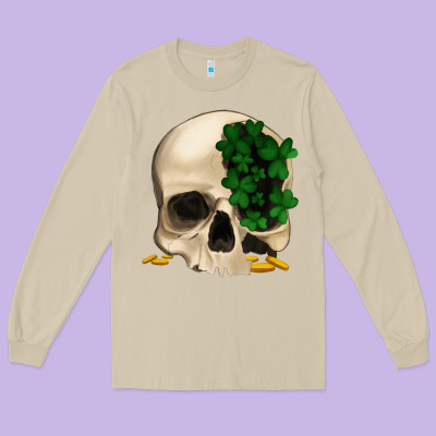 St Patrick's Day Skull With Clovers Long Sleeve Tee Designed By Jasminsmagicworld