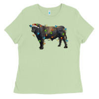Christmas Black Angus Bull With Christmas Lights Ladies Tee | Teevron