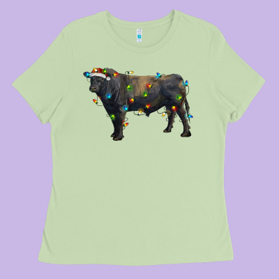 Christmas Black Angus Bull With Christmas Lights Ladies Tee Designed By Ranaportraitstore