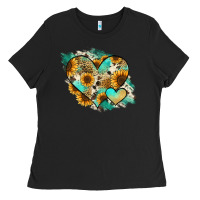 Black Leopard Sunflower Cowhide Glitter Heart Ladies Tee - Jasminsmagicworld