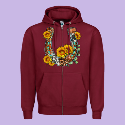 Western Leopard Cowhide Sunflowers Horseshoe Zipper Hoodie Designed By Oliviacreatesart