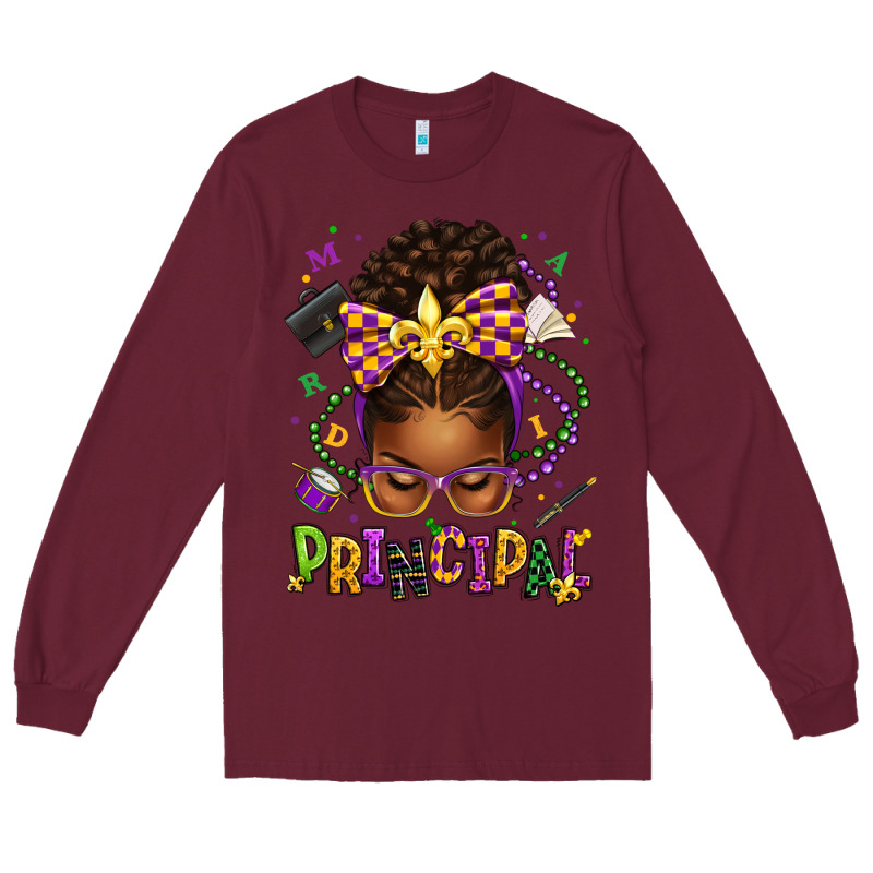 Mardi Gras Principal Afro Messy Bun Long Sleeve Tee by texasbilliewilder | Teevron
