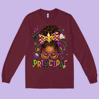 Mardi Gras Principal Afro Messy Bun Long Sleeve Tee Designed By Texasbilliewilder