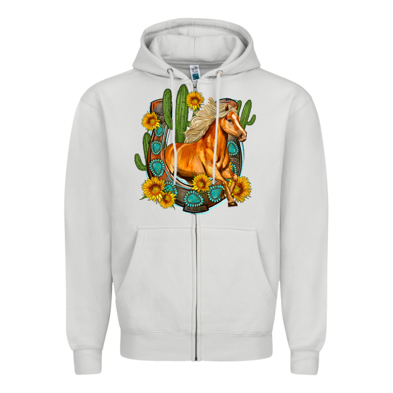 Western Horse Cactus Sunflowers Horseshoe Zipper Hoodie by OliviaCreatesArt | Teevron