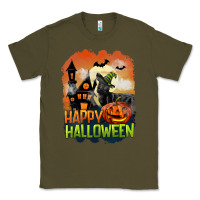 Army Green Happy Halloween With Black Cat Classic Tee - LillyAllenDesigns