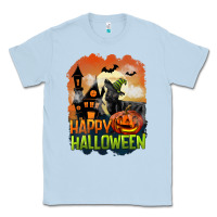 Dusty Blue Happy Halloween With Black Cat Classic Tee - LillyAllenDesigns