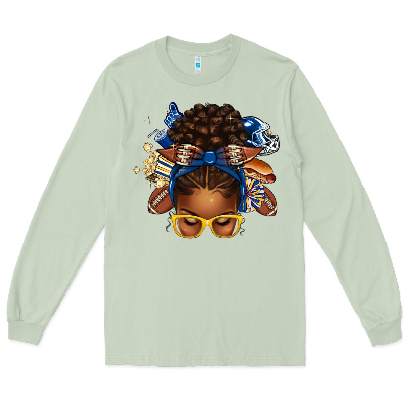 Blue And Gold American Football Afro Messy Bun Long Sleeve Tee by texasbilliewilder | Teevron