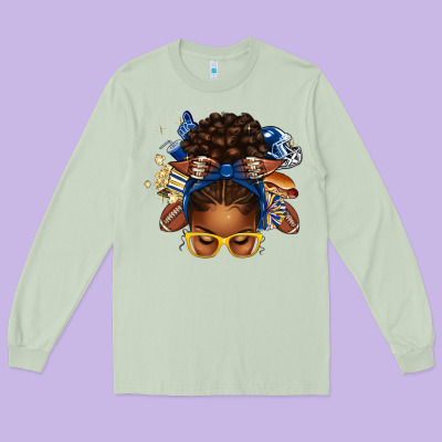 Blue And Gold American Football Afro Messy Bun Long Sleeve Tee Designed By Texasbilliewilder