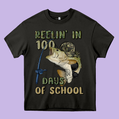 Reelin' In 100 Days Of School Heavy Core Tee Designed By Maliassmallbusiness
