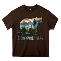 Chocolate Brown camping bear Heavy Core Tee - MaliasSmallBusiness