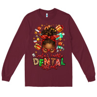 Burgundy Santa's Favorite Dental Assistant Afro Messy Bun Long Sleeve Tee - texasbilliewilder