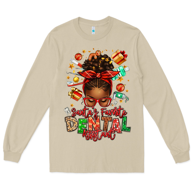Santa's Favorite Dental Assistant Afro Messy Bun Long Sleeve Tee by texasbilliewilder | Teevron