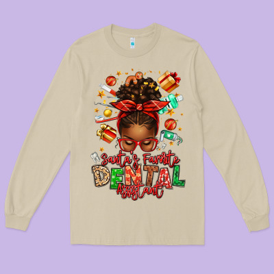 Santa's Favorite Dental Assistant Afro Messy Bun Long Sleeve Tee Designed By Texasbilliewilder