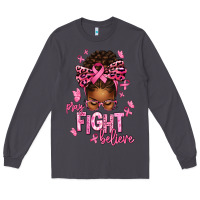 Pray Fight Believe Breast Cancer Afro Messy Long Sleeve Tee | Teevron