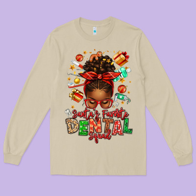 Santa's Favorite Dental Squad Afro Messy Bun Long Sleeve Tee Designed By Texasbilliewilder