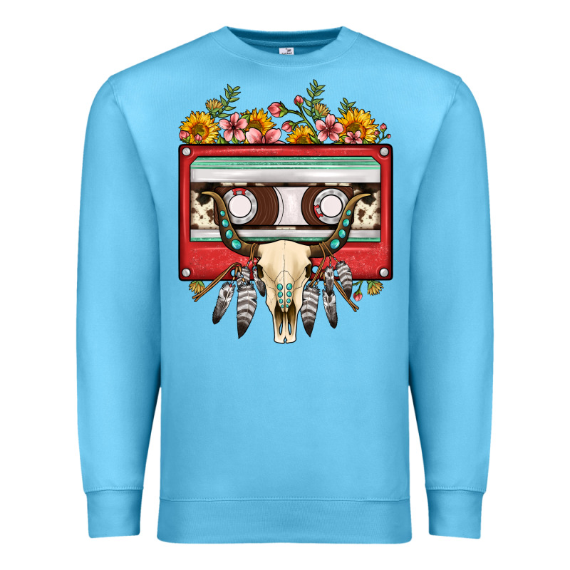 Bull Skull Sunflower Floral Cassette Premium Sweatshirt by FaDigitalArtStudio | Teevron