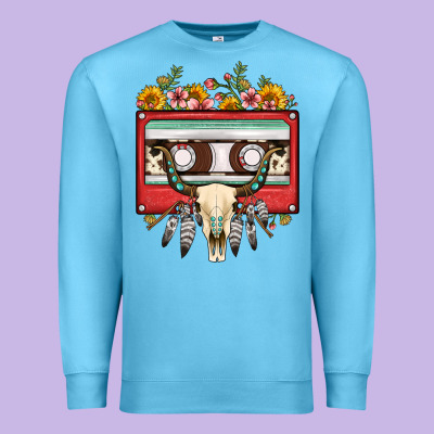 Bull Skull Sunflower Floral Cassette Premium Sweatshirt Designed By Fadigitalartstudio