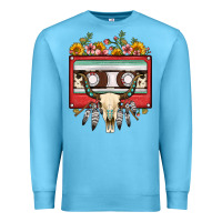 Ocean Blue bull skull sunflower floral cassette Premium Sweatshirt - FaDigitalArtStudio