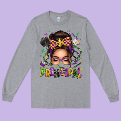 Mardi Gras Principal Caucasian Messy Bun Long Sleeve Tee Designed By Texasbilliewilder