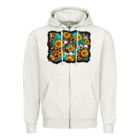 Oatmeal Heather cowhide leopard turquoise sunflowers pattern olivia Zipper Hoodie - OliviaCreatesArt