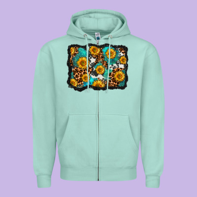Cowhide Leopard Turquoise Sunflowers Pattern Olivia Zipper Hoodie Designed By Oliviacreatesart