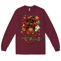 Burgundy Santa's Favorite Medicaid Analyst Afro Messy Bun Long Sleeve Tee - texasbilliewilder